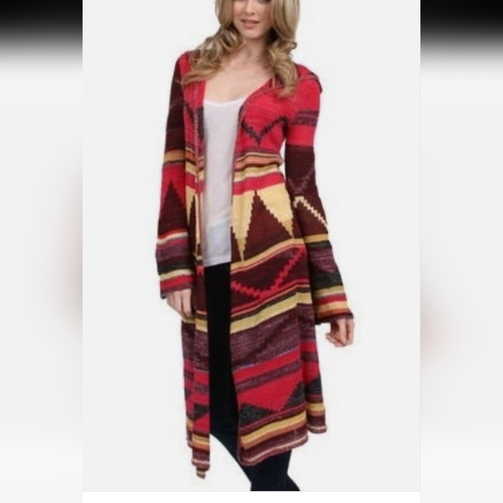 Free People Hooded Long Multicolored Aztec Boho Cozy Lightweight Cardigan- M